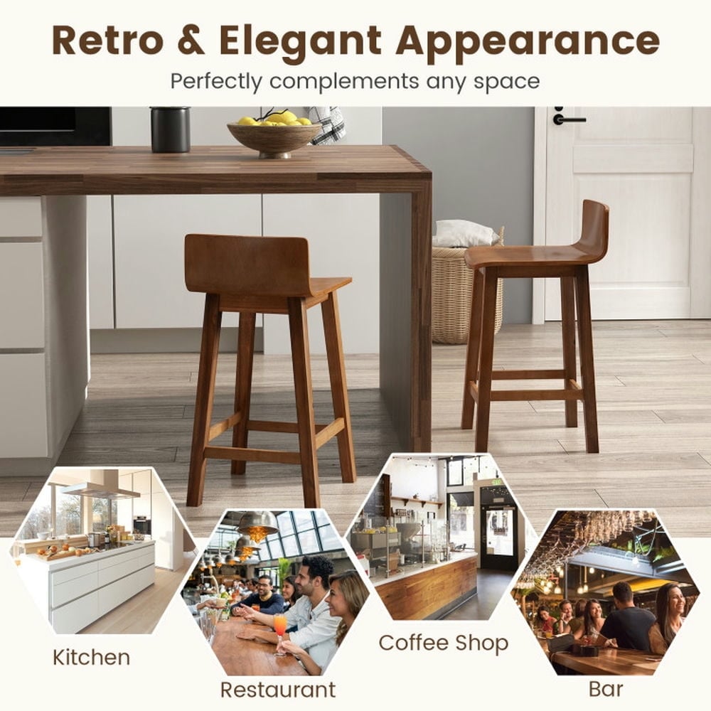 Hommoo Wood Bar Stools Set of 2 with Solid Back and Seat, Bar Height Stools, Bar Stools for Kitchen Island for Kitchen, Image 2