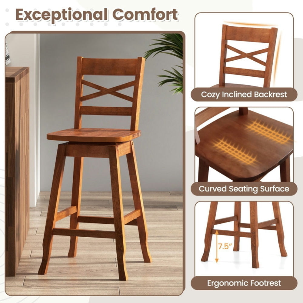 Hommoo Swivel 24-Inch Counter Height Stool Set of 2 with Inclined Backrest-Walnut, Bar Height Stools, Bar Stools for Image 3