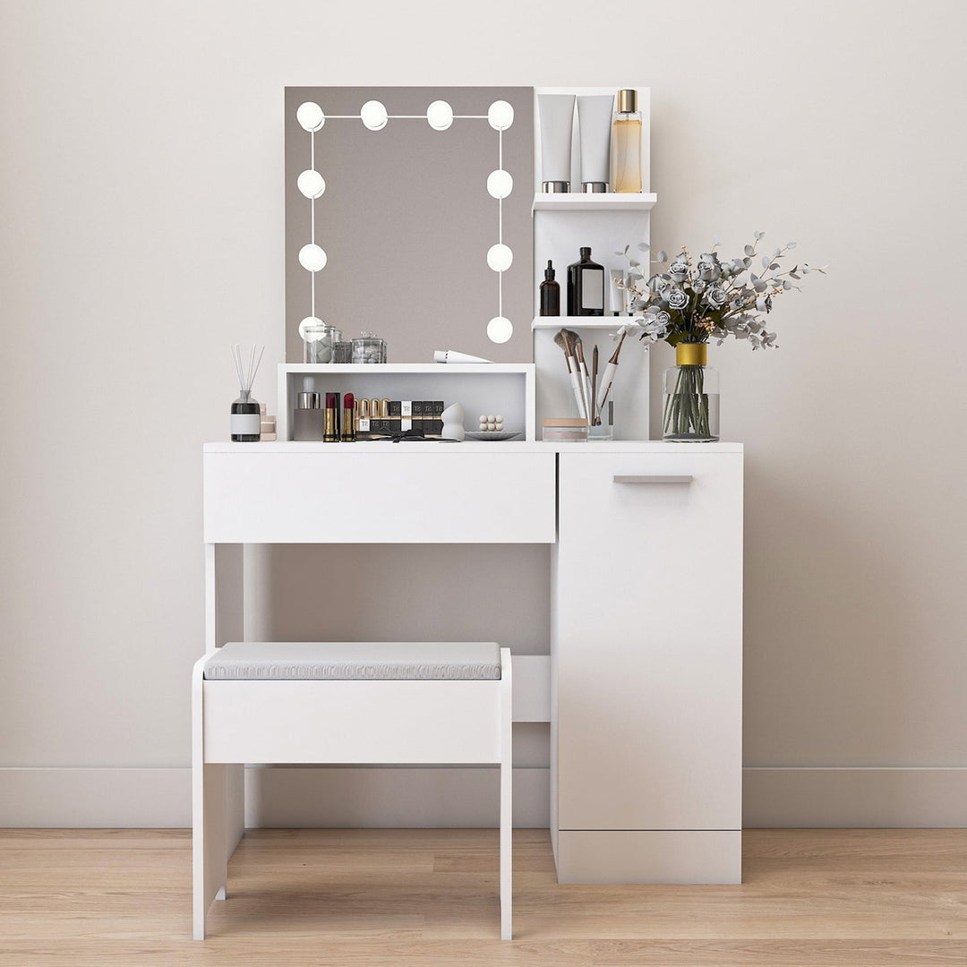 Hommoo Makeup Vanity Desk with Lights and Charging Station, White Vanity Set Makeup Table for Bedroom, Bathroom Image 1