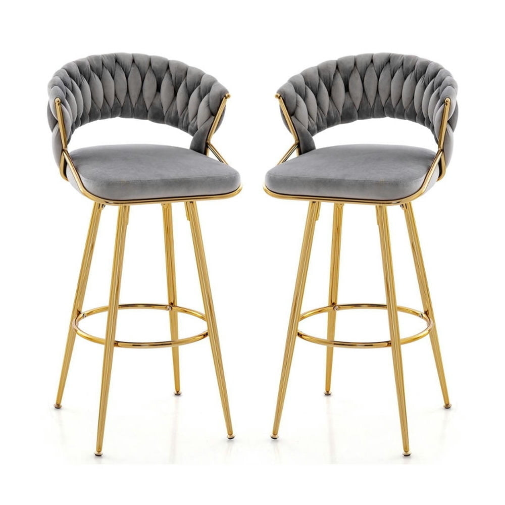 Hommoo 29 Inch Velvet Bar Stool Set of 2 with Woven Backrest and Gold Metal Legs-Gray, Bar Height Stools, Bar Stools for Image 1