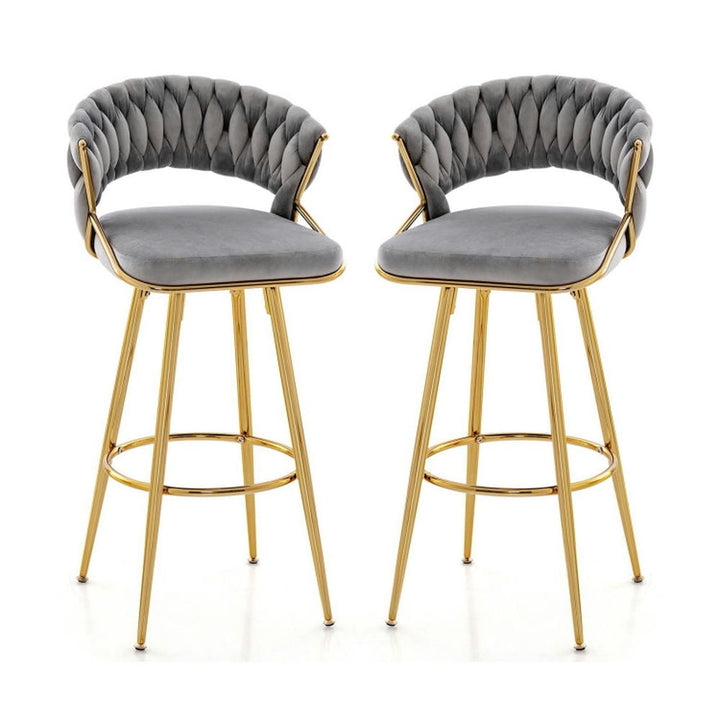 Hommoo 29 Inch Velvet Bar Stool Set of 2 with Woven Backrest and Gold Metal Legs-Gray, Bar Height Stools, Bar Stools for Image 1