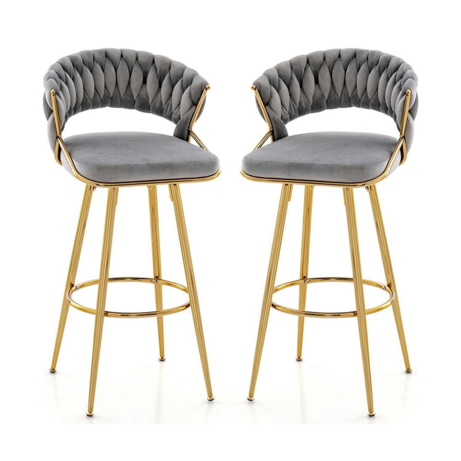 Hommoo 29 Inch Velvet Bar Stool Set of 2 with Woven Backrest and Gold Metal Legs-Gray, Bar Height Stools, Bar Stools for Image 1