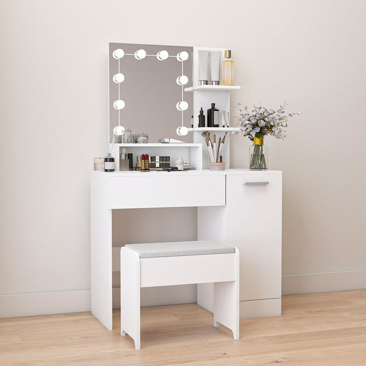 Hommoo Makeup Vanity Desk with Lights and Charging Station, White Vanity Set Makeup Table for Bedroom, Bathroom Image 6