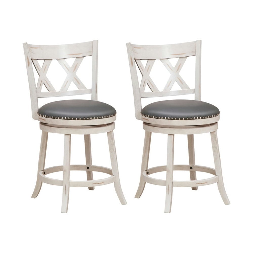 Hommoo Counter Bar Stools, Dining Stool,25.5 Inch Hand-Antiqued Stool Set of 2 with Wider Padded Seat-White Image 1