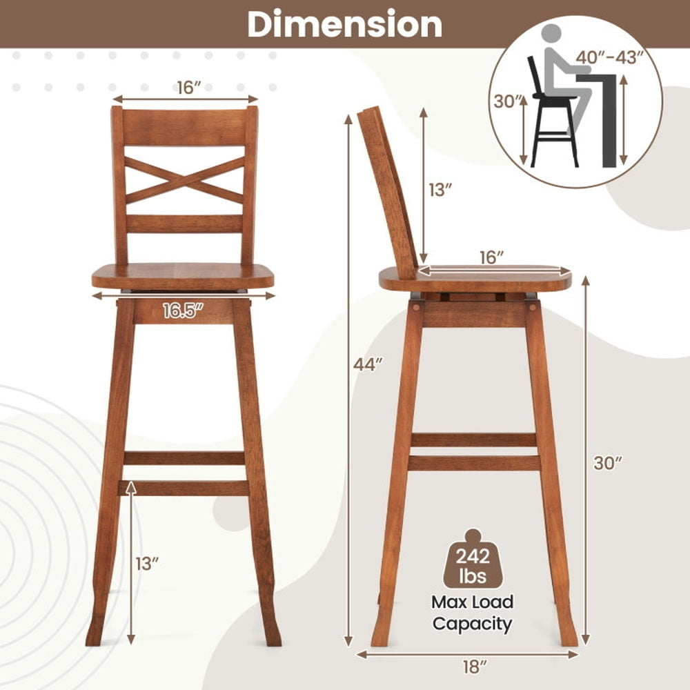 Hommoo Swivel 30-Inch Bar Height Stool Set of 2 with Footrest-Walnut, Bar Height Stools, Bar Stools for Kitchen Image 2