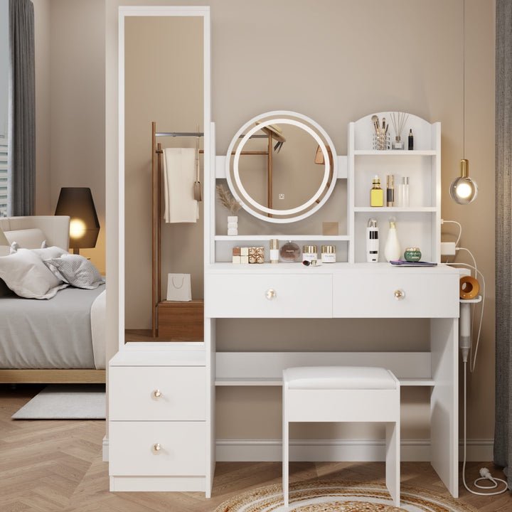 Hommoo Large White Makeup Vanity Set with Full Body MirrorandLight MirrorandPower Strip, Vanity Desk Cushioned Bench for Image 1