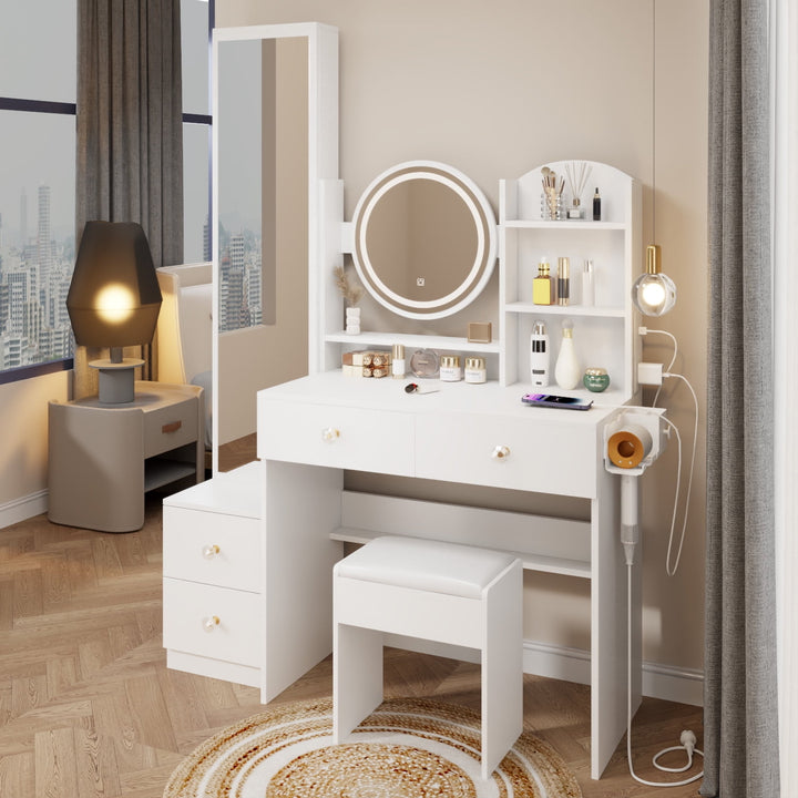 Hommoo Large White Makeup Vanity Set with Full Body MirrorandLight MirrorandPower Strip, Vanity Desk Cushioned Bench for Image 3