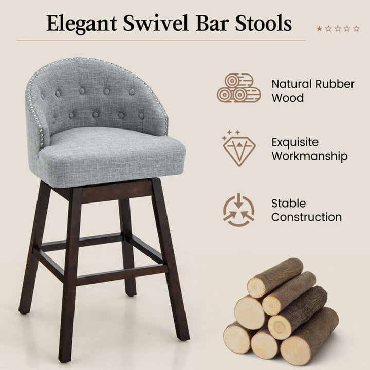 Hommoo Set of 2 Swivel Bar Stools with Rubber Wood Legs and Padded Back-Gray, Bar Height Stools, Bar Stools for Kitchen Image 4