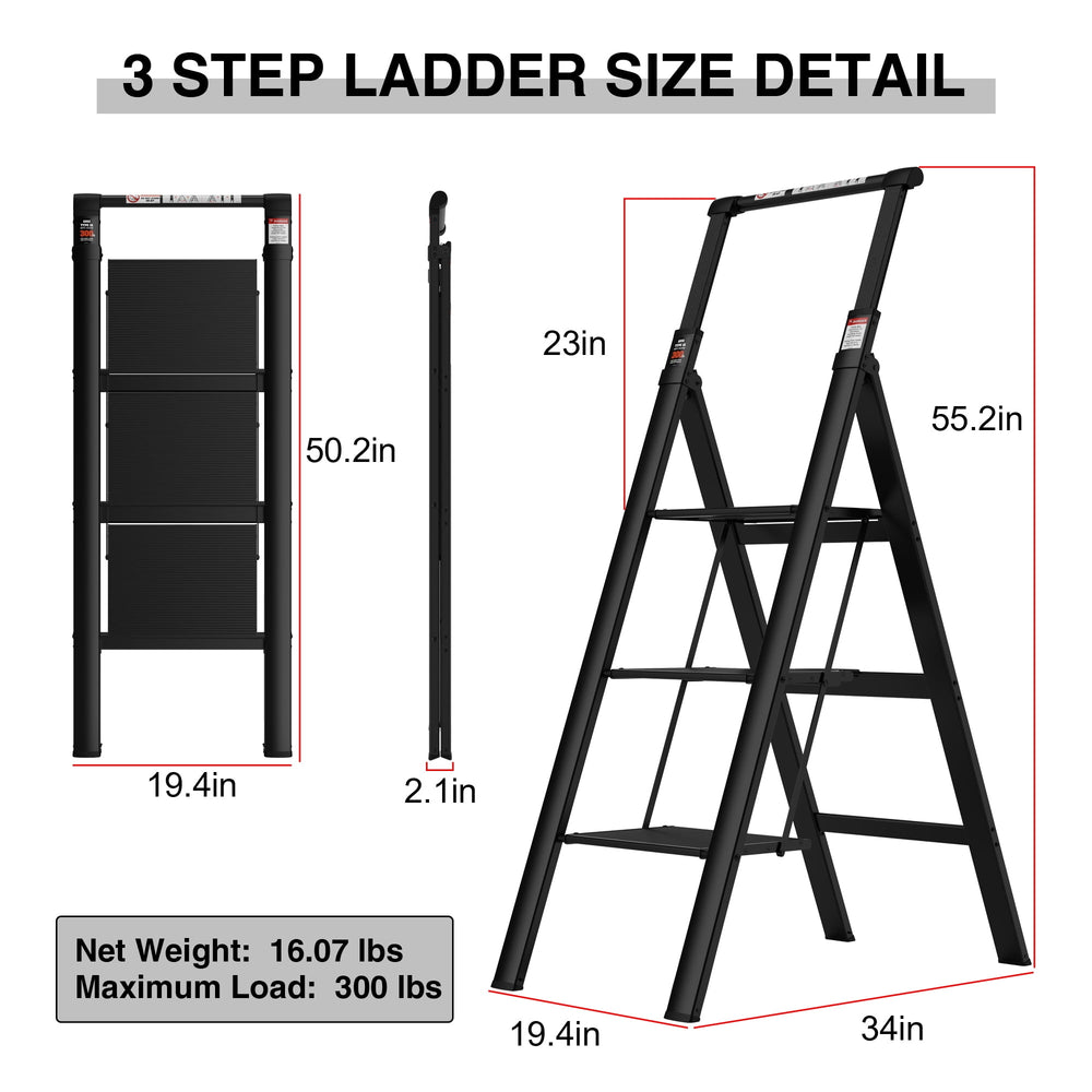 Hommoo Aluminum Retractable 3 Step Ladder Folding Step Stool with Anti-Slip Wide Pedal, 300 lbs Load Capacity Image 2