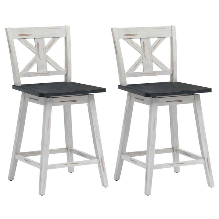 Hommoo Set of 2 Swivel Counter Height Bar Stools with Solid Wood Legs-White, Bar Height Stools, Bar Stools for Kitchen Image 1