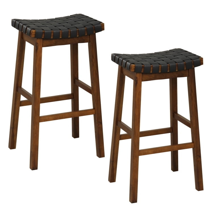 Hommoo Faux PU Leather Bar Height Stools Set of 2 with Woven Curved Seat-29 Inches, Bar Height Stools, Bar Stools for Image 1