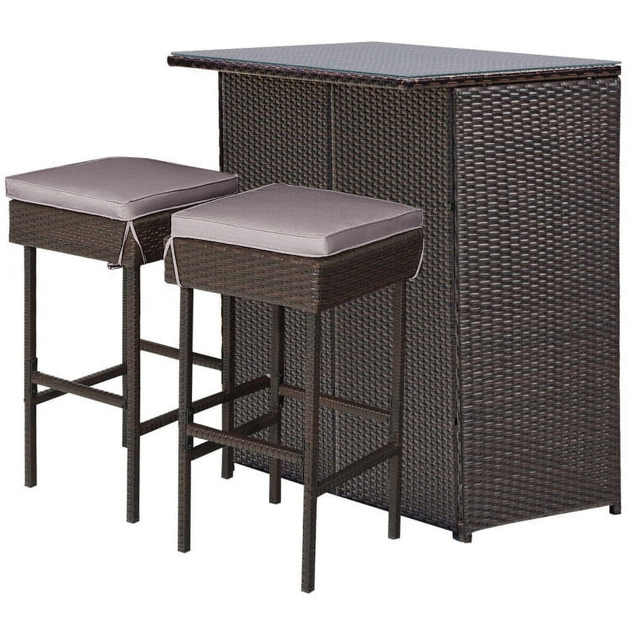 Hommoo 3 Pieces Patio Rattan Wicker Bar Table Stools Dining Set, Pub Chair with Padded Seat Footrest for Kitchen Dining Image 1