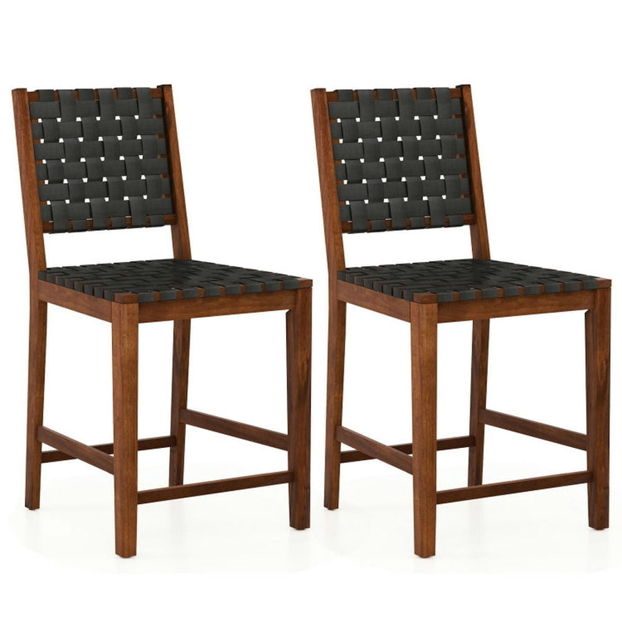 Hommoo Set of 2 Woven Bar Stools with Faux PU Leather Straps-Black, Bar Height Stools, Bar Stools for Kitchen Image 1