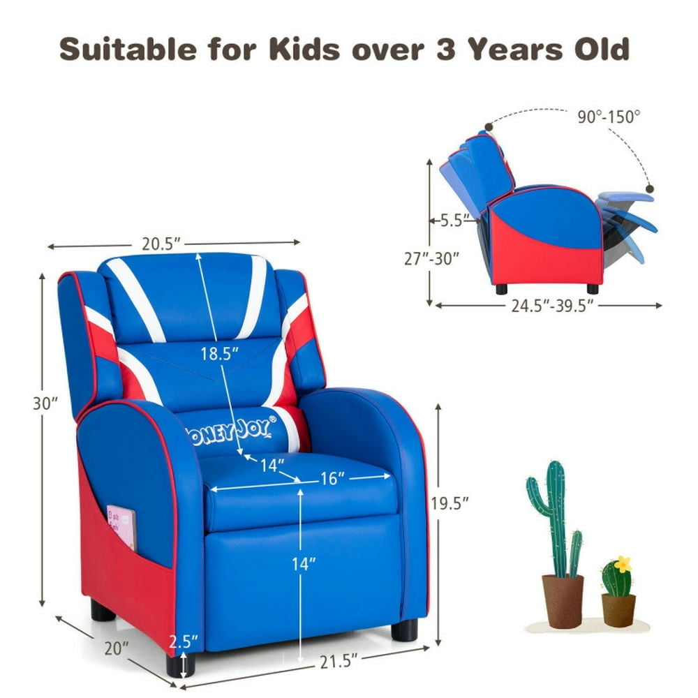 Hommoo Kids Leather Recliner Chair with Side Pockets-Blue, Kids Chairs for Kids Image 2