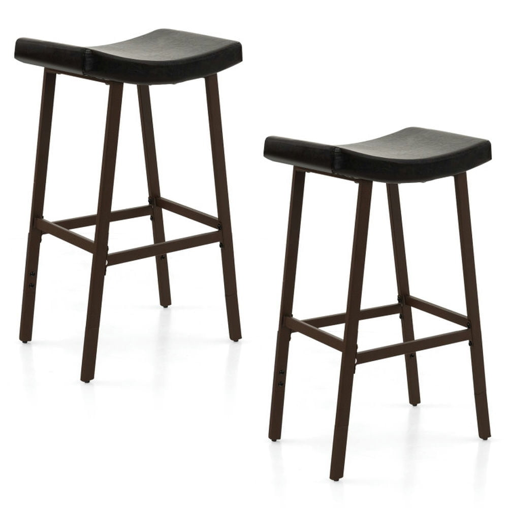 Hommoo Bar Stools Set of 2 with PU Leather Upholstered Saddle Seat and Footrest-Brown, Bar Height Stools, Bar Stools for Image 1