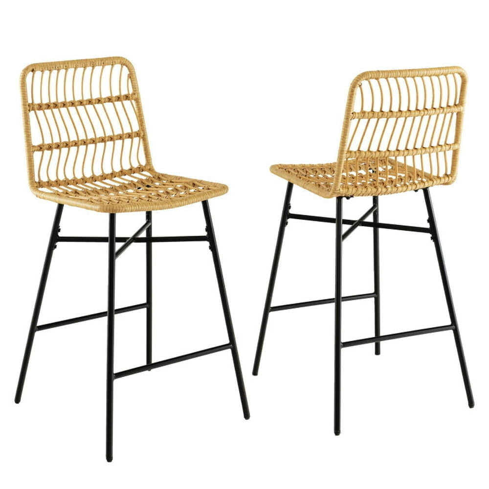 Hommoo Set of 2 Rattan Bar Stools with Sturdy Metal Frame-Yellow, Bar Height Stools, Bar Stools for Kitchen Island for Image 1