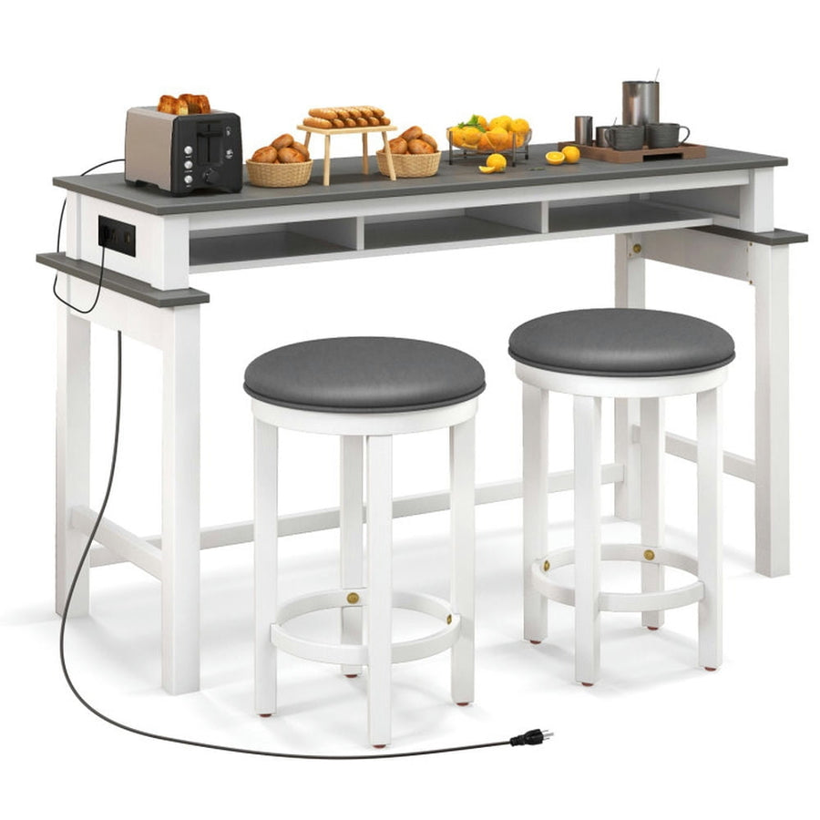 Hommoo 3-Piece Home Bar Set with 2 Upholstered Bar Stools Outlets and USB Ports-Gray Image 1