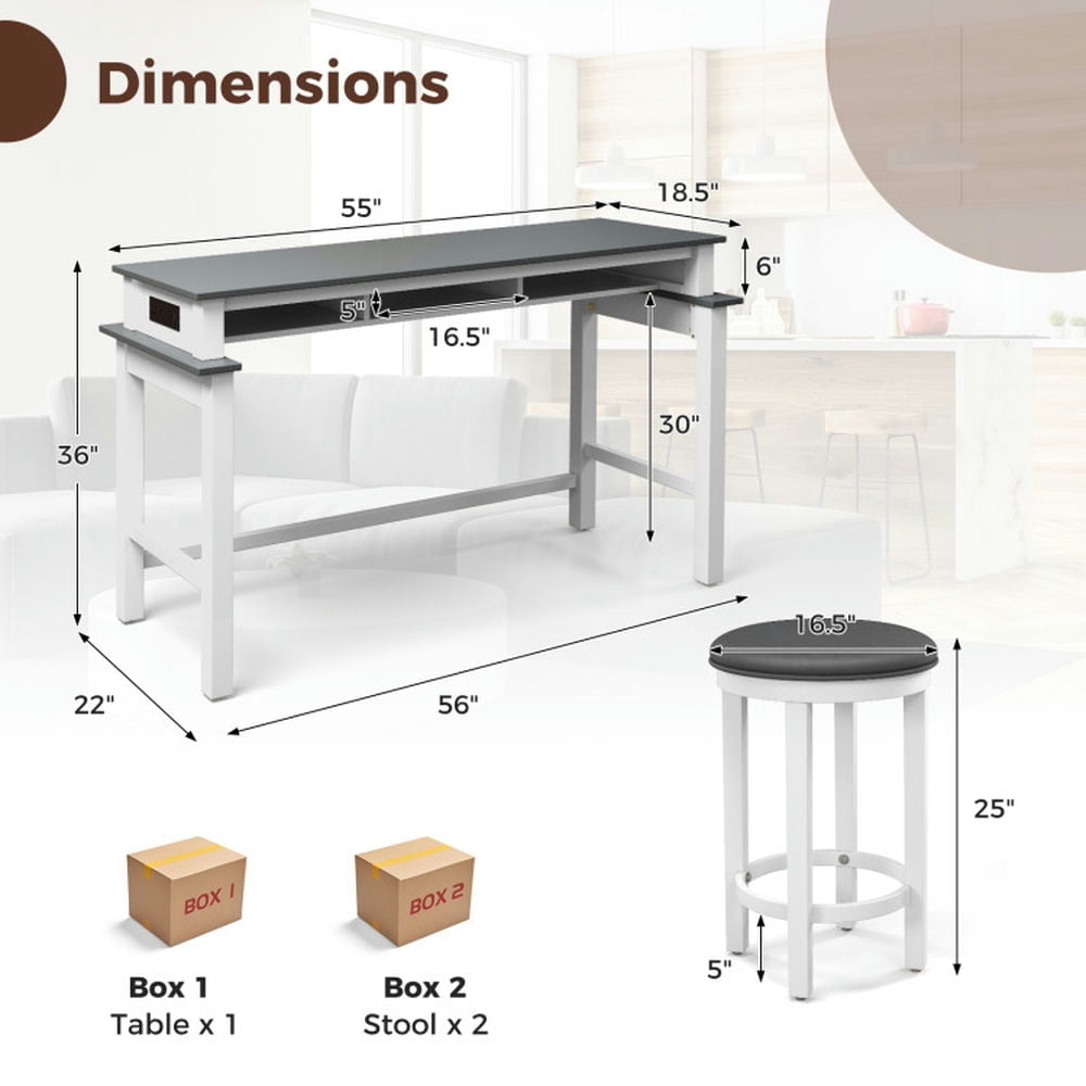 Hommoo 3-Piece Home Bar Set with 2 Upholstered Bar Stools Outlets and USB Ports-Gray Image 2