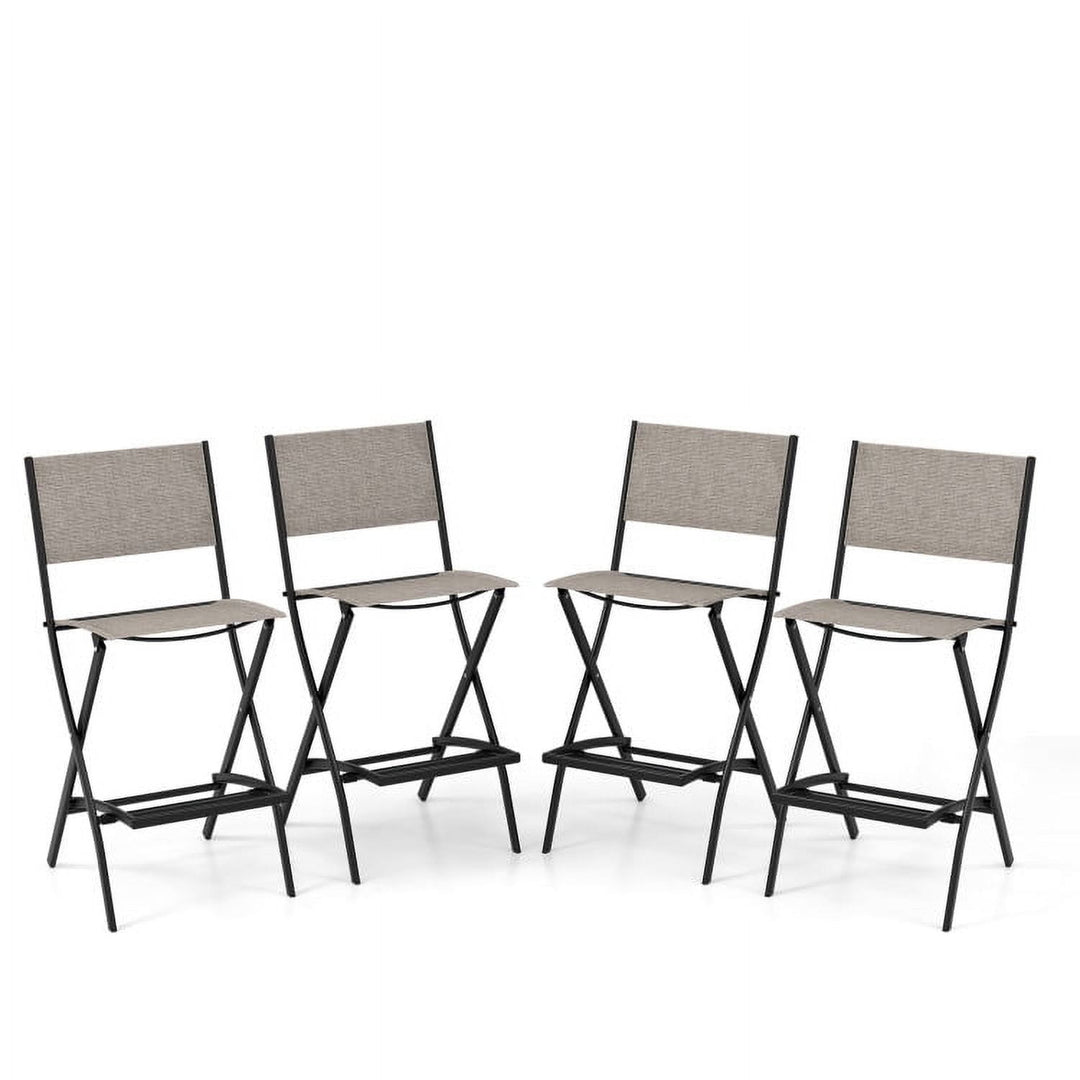 Hommoo Outdoor Folding Bar Height Stool Set of 4 with Metal Frame and Footrest-Coffee, Outdoor Dining Chair for Outside Image 1