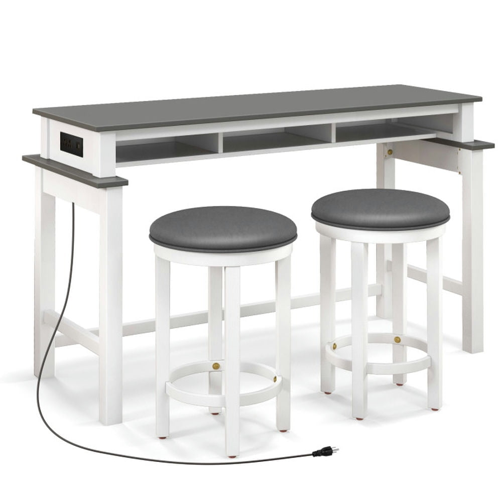 Hommoo 3-Piece Home Bar Set with 2 Upholstered Bar Stools Outlets and USB Ports-Gray Image 3