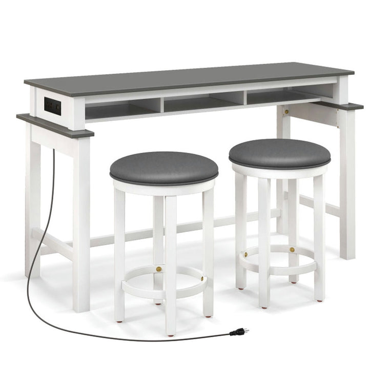 Hommoo 3-Piece Home Bar Set with 2 Upholstered Bar Stools Outlets and USB Ports-Gray Image 3