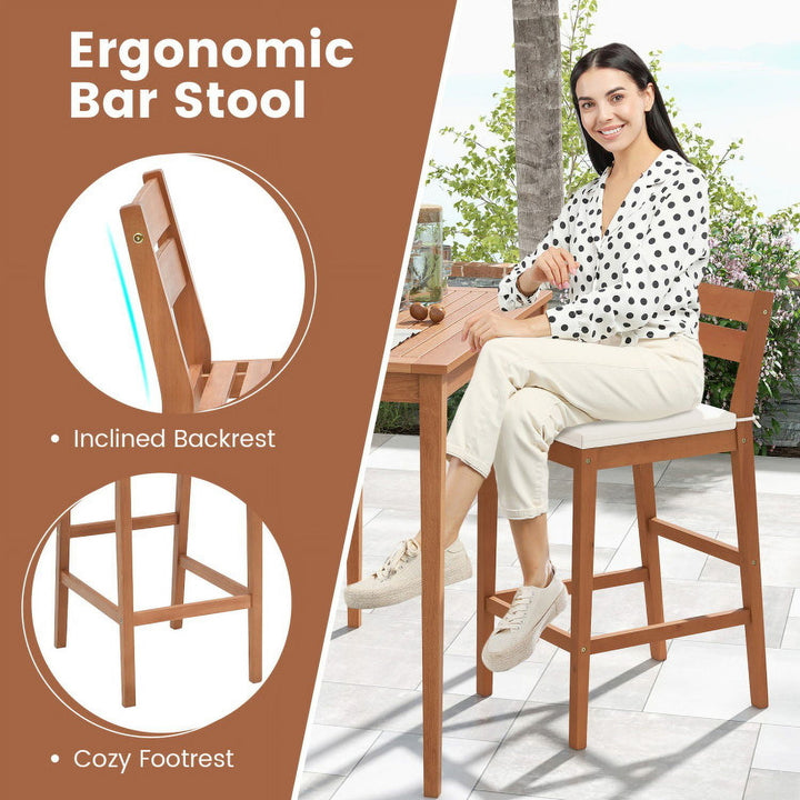 Hommoo Set of 2 Outdoor Wood Barstools with Soft Seat Cushion-Off White for Balcany, Poolside Image 2