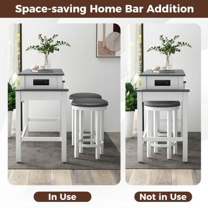 Hommoo 3-Piece Home Bar Set with 2 Upholstered Bar Stools Outlets and USB Ports-Gray Image 4