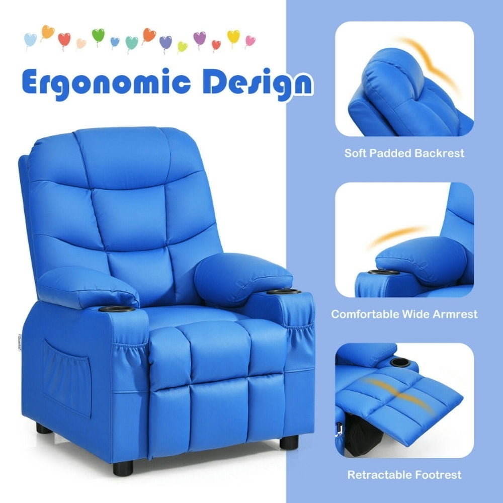 Hommoo Kids Recliner Chair with Cup Holder and Footrest for Children-Blue, Kids Chairs for Kids Image 2