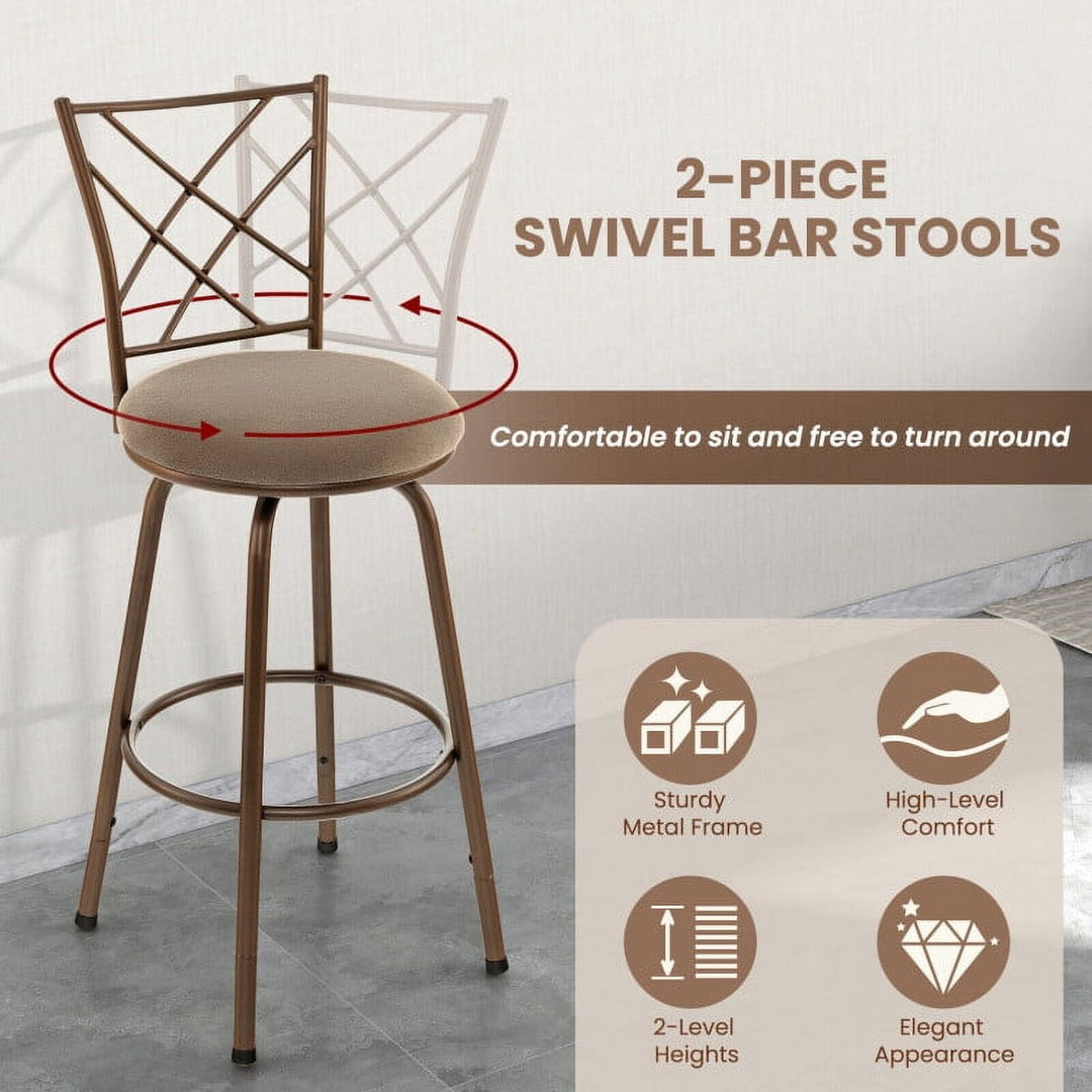 Hommoo 2 Pieces Swivel Pluch Fabrice Cushioned Bar Stool Set-Brown, Bar Height Stools, Bar Stools for Kitchen Image 3