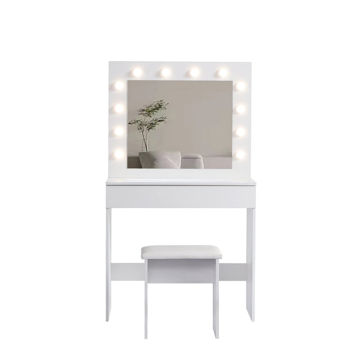 Hommoo Antique White Makeup Vanity Desk Stool Set with Mirror and 12 Light Bulbs for Bedroom Image 7