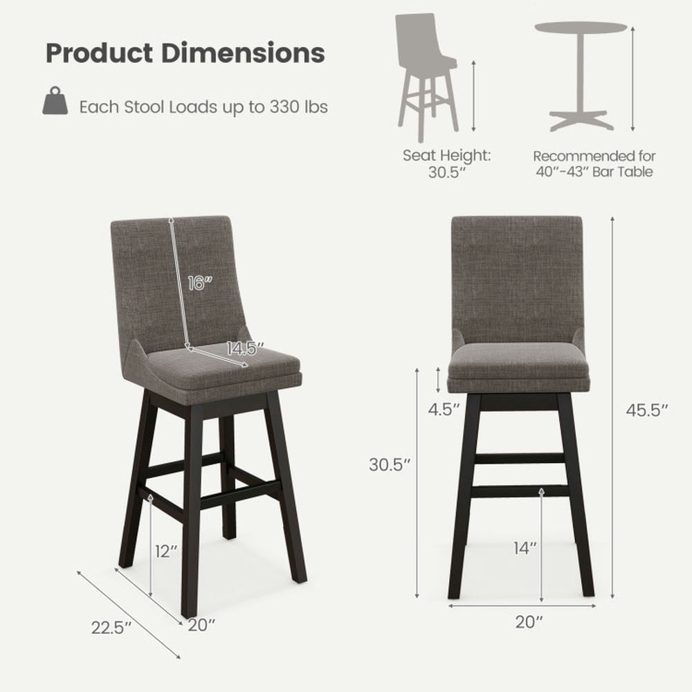 Hommoo Set of 2 360 Swivel Bar Stool with Rubber Wood Legs Footrest, Bar Height Stools, Bar Stools for Kitchen Image 2