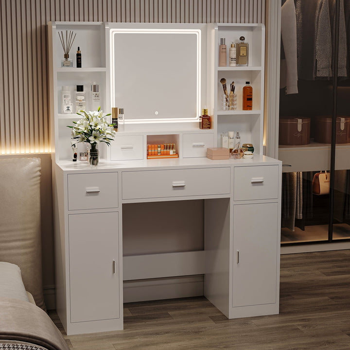 Hommoo Vanity Desk Set with Large LED Lighted Mirror and Charging Station, Lots Storage Shelves Makeup Table for Bedroom Image 1