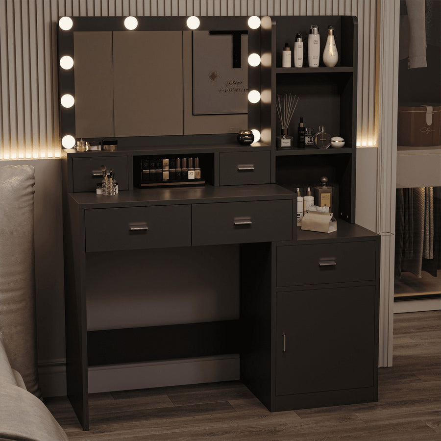 Hommoo Black Makeup Vanity with 10 Light Bulbs, Modern Vanity Desk with Mirror, 3 Lighting Modes Image 1