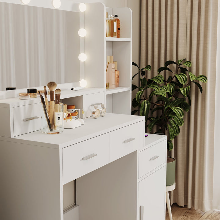 Hommoo Makeup Vanity Table with Mirror and LightsandPower Outlet, Vanity Set with 5 Drawers, Bedroom, White Image 2