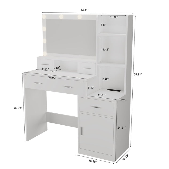 Hommoo Makeup Vanity Table with Mirror and LightsandPower Outlet, Vanity Set with 5 Drawers, Bedroom, White Image 5