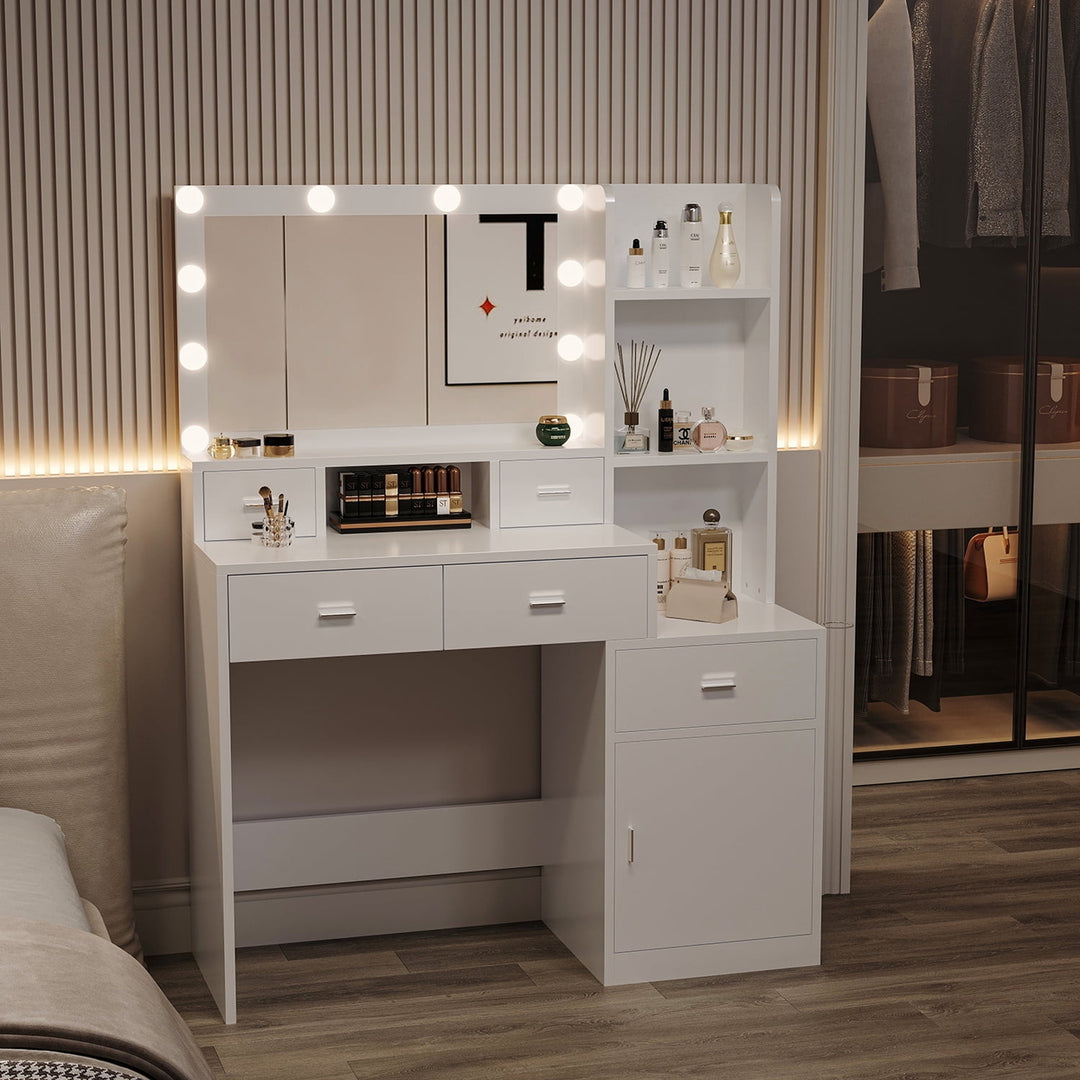 Hommoo Makeup Vanity Table with Mirror and LightsandPower Outlet, Vanity Set with 5 Drawers, Bedroom, White Image 7