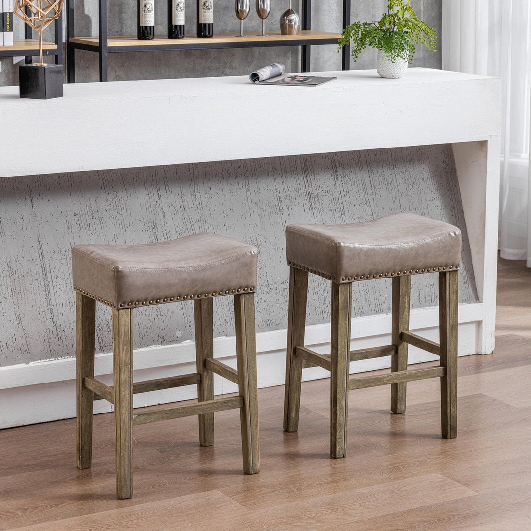 Hommoo Set of 2 Bar Stools, 26" Backless Tufted PU Counter Stools, Gray Image 2