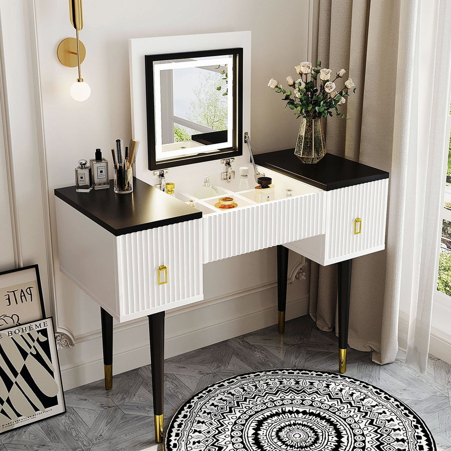 Hommoo 43.3" Modern Vanity Table Set with Flip-top Mirror and LED Light, Dressing Table with Customizable Storage, Black Image 1