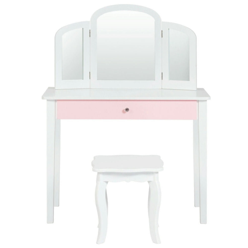 Hommoo Kids Princess Make Up Dressing Table with Tri-folding Mirror and Chair-White, Kids Makeup Vanity for Girls Kids Image 1