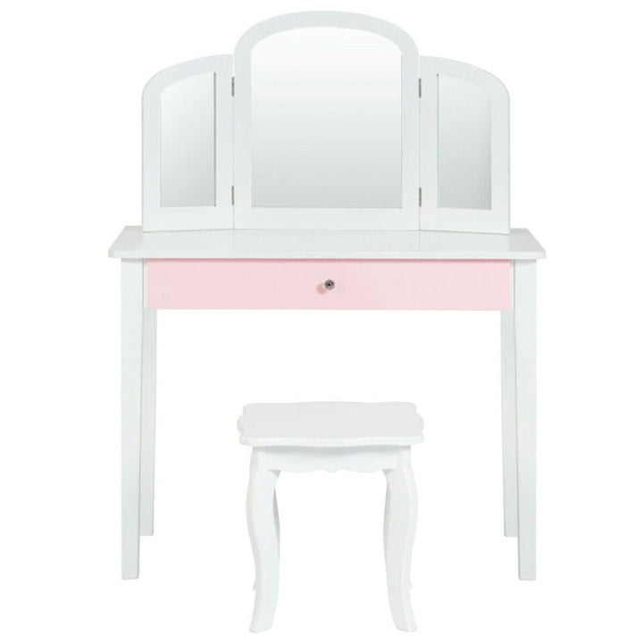 Hommoo Kids Princess Make Up Dressing Table with Tri-folding Mirror and Chair-White, Kids Makeup Vanity for Girls Kids Image 1