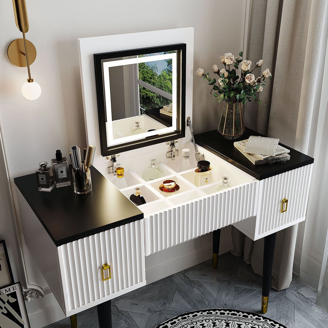 Hommoo 43.3" Modern Vanity Table Set with Flip-top Mirror and LED Light, Dressing Table with Customizable Storage, Black Image 2