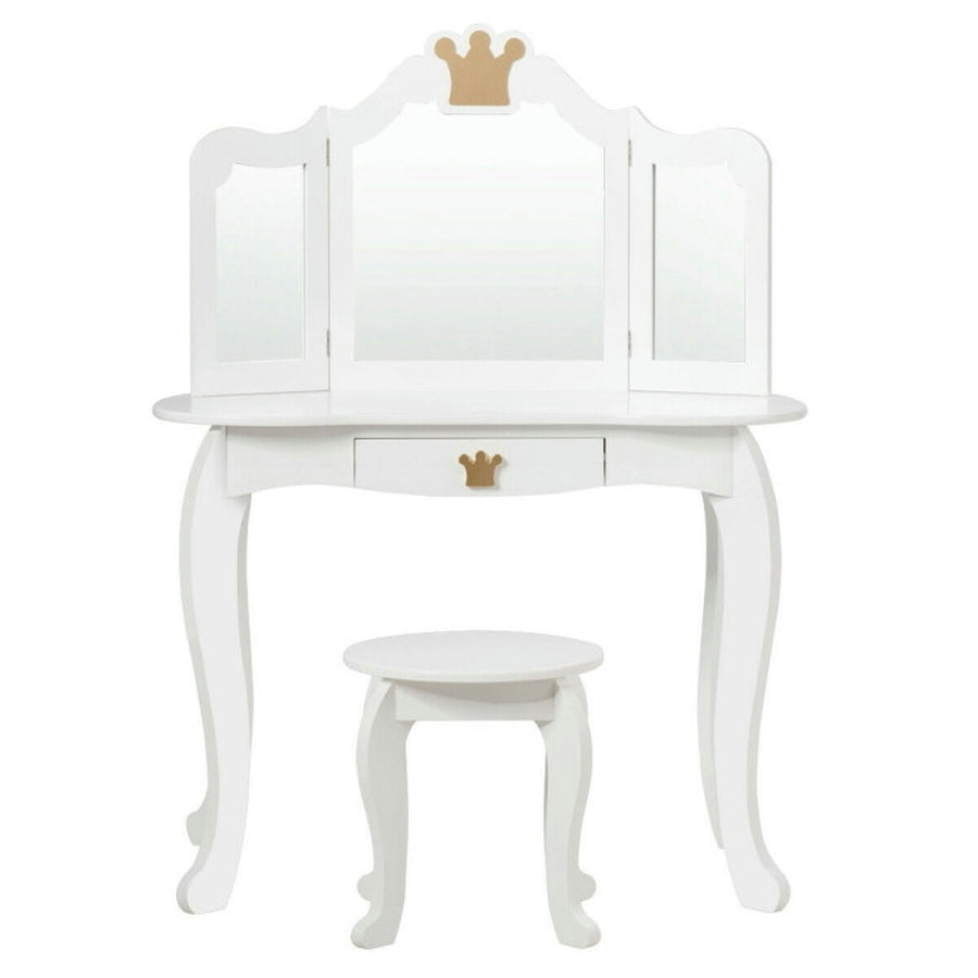 Hommoo Kids Makeup Dressing Table with Tri-folding Mirror and Stool-White, Kids Makeup Vanity for Girls Kids Image 1