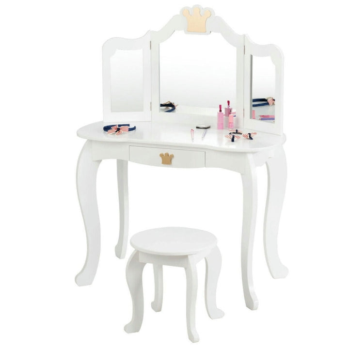 Hommoo Kids Makeup Dressing Table with Tri-folding Mirror and Stool-White, Kids Makeup Vanity for Girls Kids Image 2