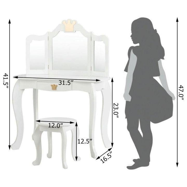 Hommoo Kids Makeup Dressing Table with Tri-folding Mirror and Stool-White, Kids Makeup Vanity for Girls Kids Image 3