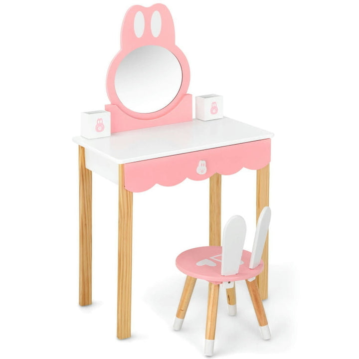 Hommoo Kids Vanity Set Rabbit Makeup Dressing Table Chair Set with Mirror and Drawer-White, Kids Makeup Vanity for Girls Image 1