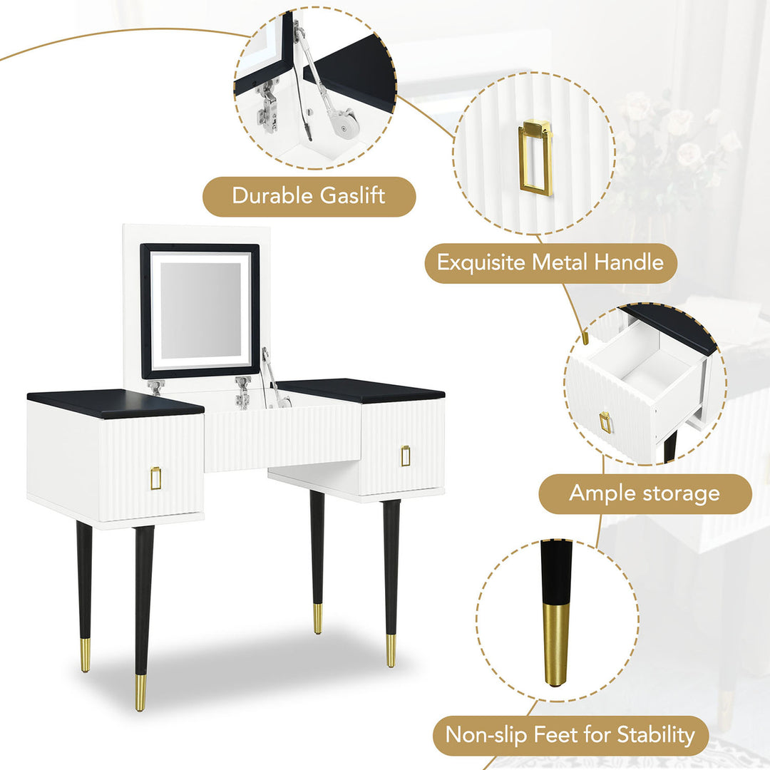 Hommoo 43.3" Modern Vanity Table Set with Flip-top Mirror and LED Light, Dressing Table with Customizable Storage, Black Image 6