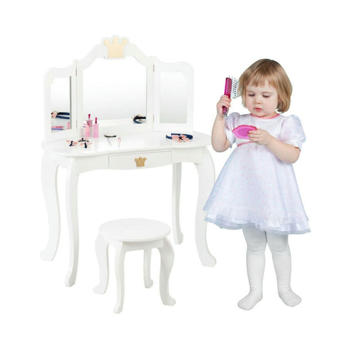 Hommoo Kids Makeup Dressing Table with Tri-folding Mirror and Stool-White, Kids Makeup Vanity for Girls Kids Image 6