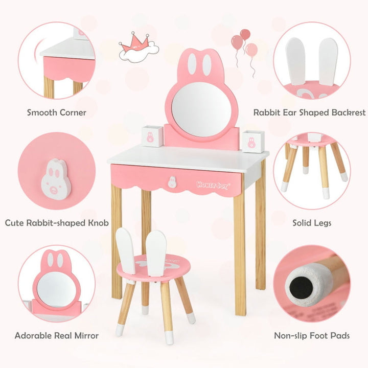 Hommoo Kids Vanity Set Rabbit Makeup Dressing Table Chair Set with Mirror and Drawer-White, Kids Makeup Vanity for Girls Image 2