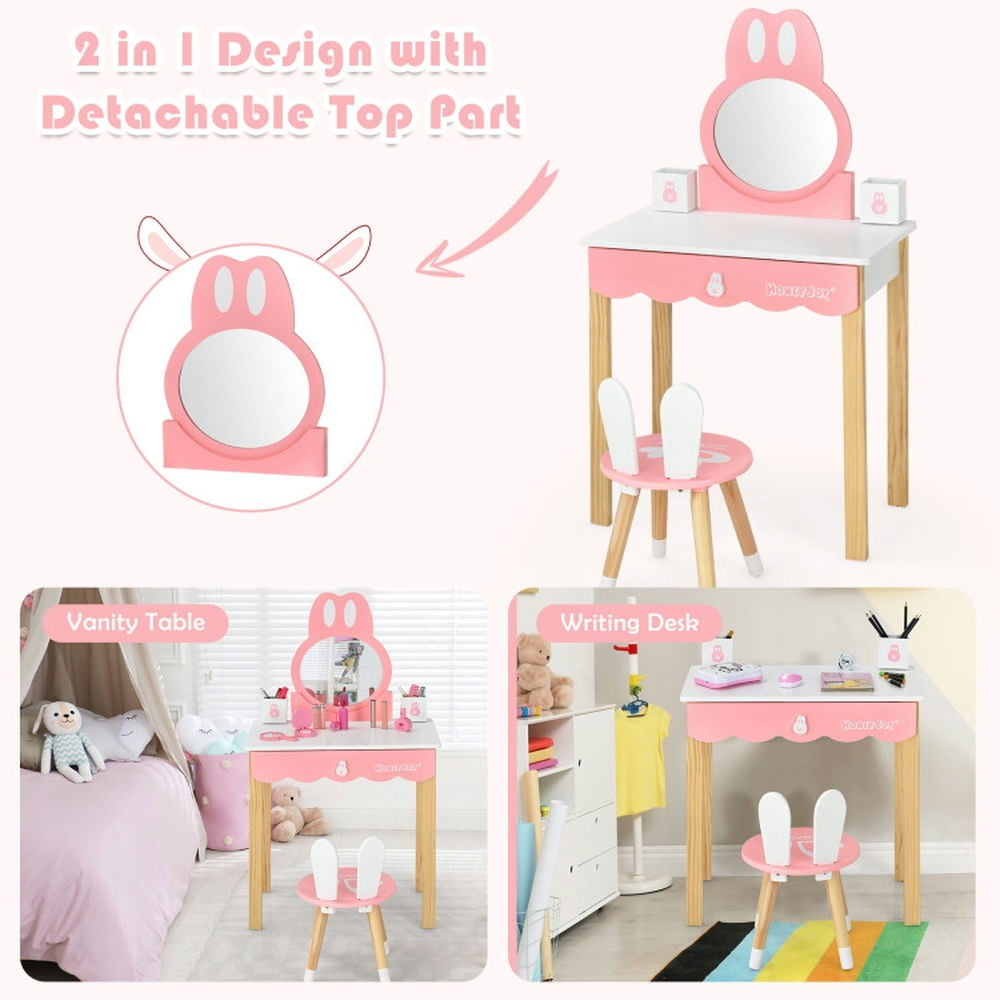 Hommoo Kids Vanity Set Rabbit Makeup Dressing Table Chair Set with Mirror and Drawer-White, Kids Makeup Vanity for Girls Image 4