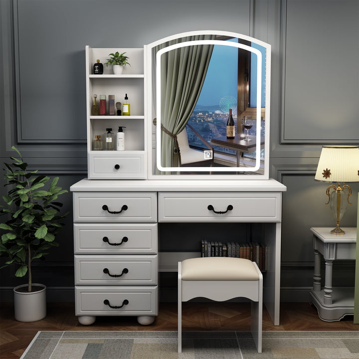 Hommoo Fashion Vanity Desk with Mirror and Lights for Makeup, Vanity Mirror with Lights and Table Set, White Image 3